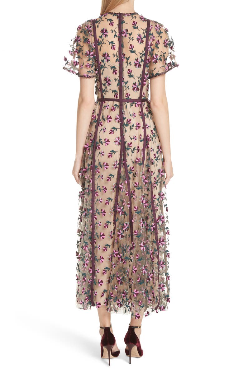 Lela Rose Embroidered Flutter Sleeve Midi Dress, Alternate, color, 