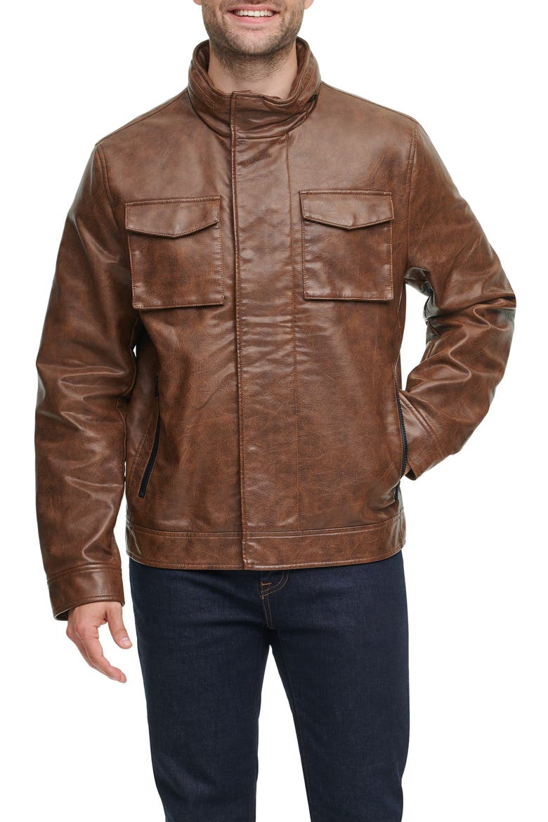 Water Resistant Faux Leather Military Jacket, Alternate, color, SADDLE