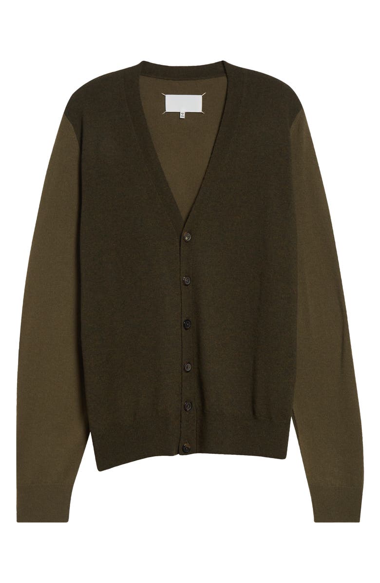 Maison Margiela Colorblock Elbow Patch Wool V-Neck Cardigan, Main, color, Military Green/ Dark Green