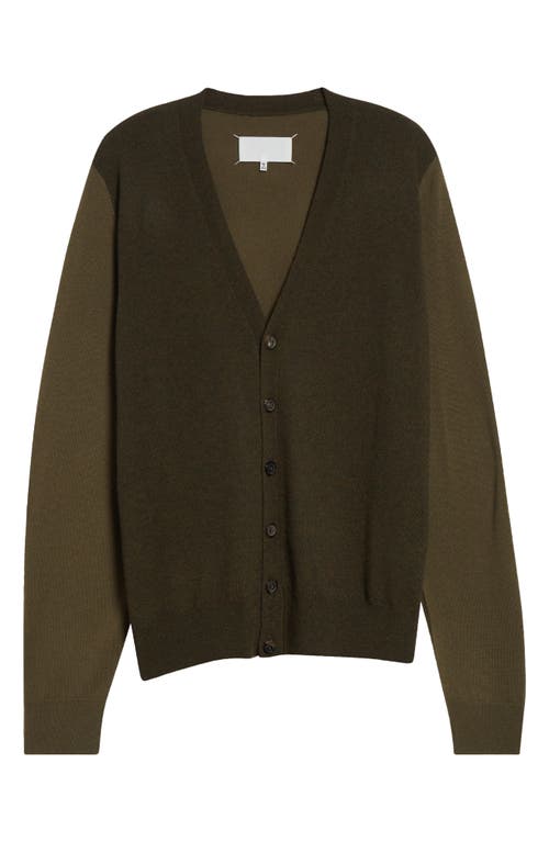 Maison Margiela Colorblock Elbow Patch Wool V-neck Cardigan In Green