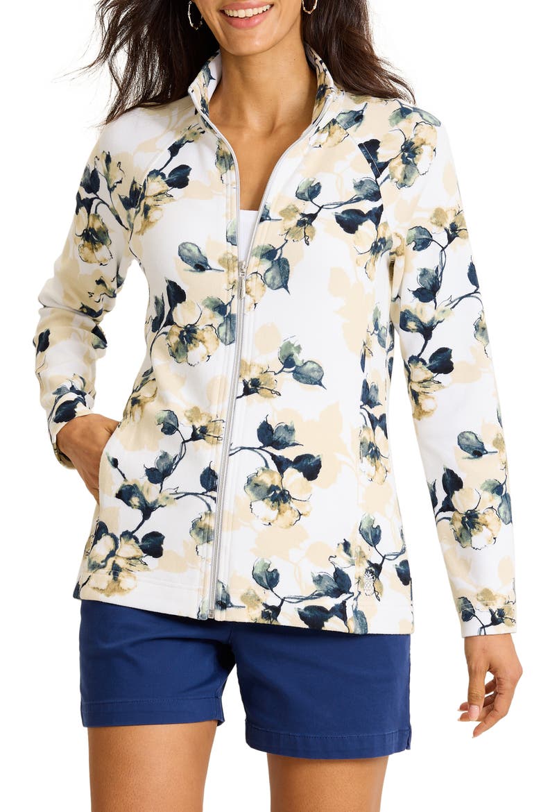 Aruba Beleza Blossoms Front Zip Sweatshirt, Main, color, WHITE