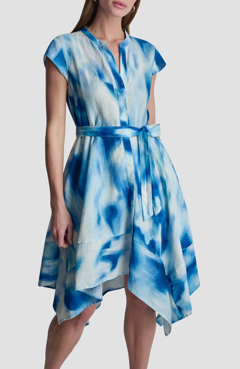 DKNY Abstract Print Asymmetric Hem Linen Dress, Alternate, color, Misted Surf