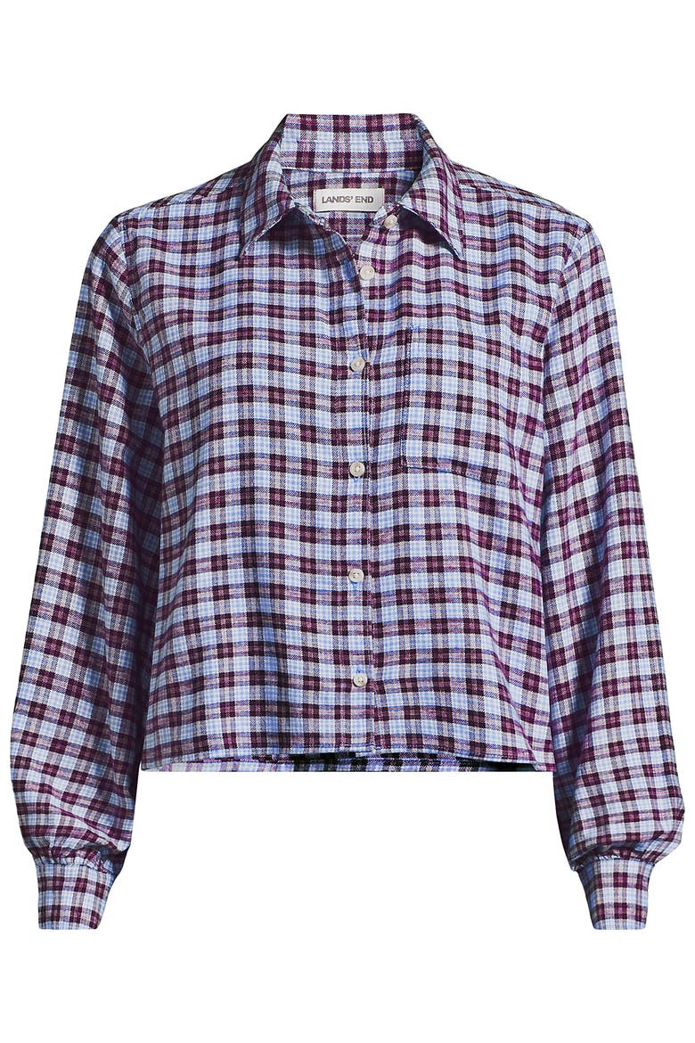 Plus Size Cropped Flannel Shirt, Alternate, color, French Blue/Burgundy Plaid
