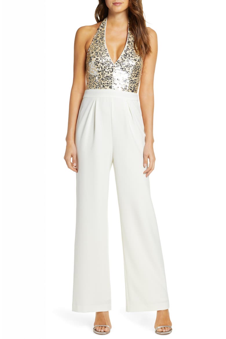 Sequin & Crepe Halter Jumpsuit, Main, color, IVORY