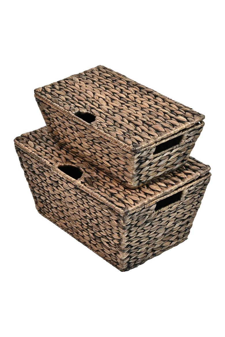 Wilder Classic Farmhouse Woven Hyacinth Rectangular Storage Baskets with Lids and Handles, Alternate, color, Brown
