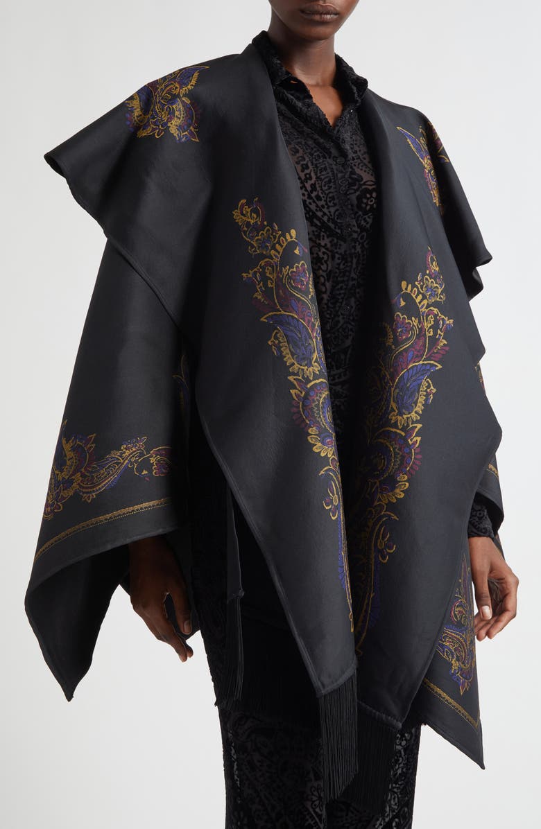 Etro Paisley Cape with Attached Scarf Detail, Alternate, color, Printed Black Base