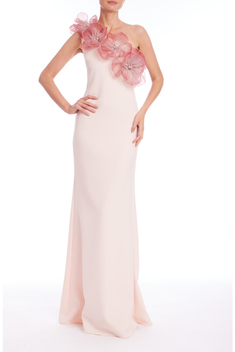 Floral Appliqué Stretch Crepe Gown, Main, color, BLUSH MULTI