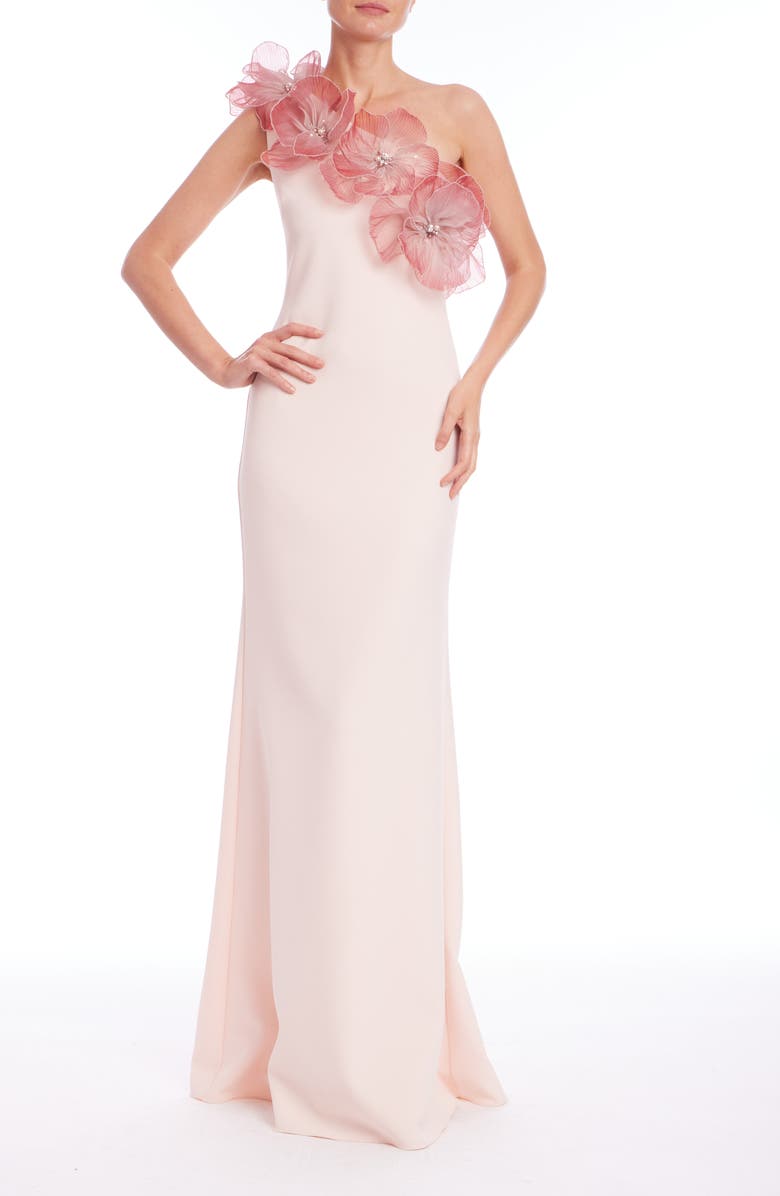 Badgley Mischka Collection Floral Appliqué Stretch Crepe Gown, Main, color,
