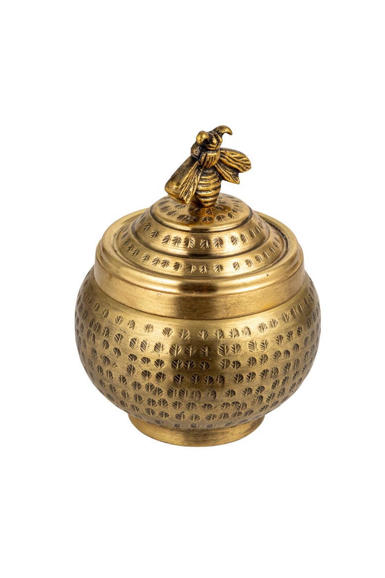 Round Hammered Metal Container with Bee Finial, Brass Finish, Main, color, Gold