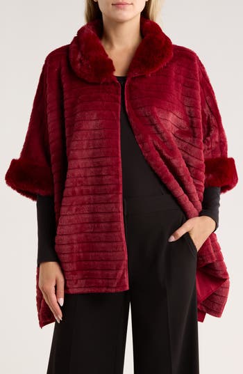 Nanette Lepore Collared Faux Fur Ruana In Burgundy