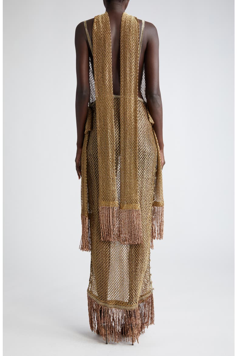 Beaded Fringe Sheer Lamé Lace Maxi Dress, Alternate, color, GOLD