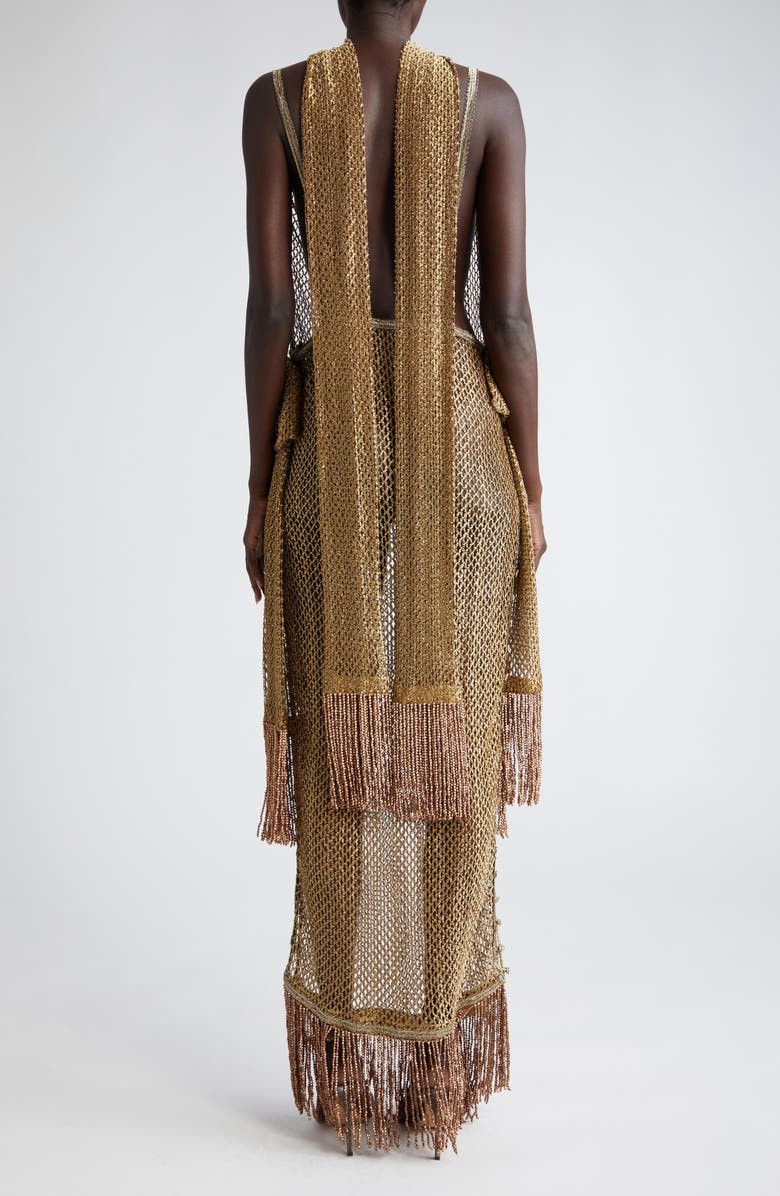 Bode Beaded Fringe Sheer Lamé Lace Maxi Dress, Alternate, color, 