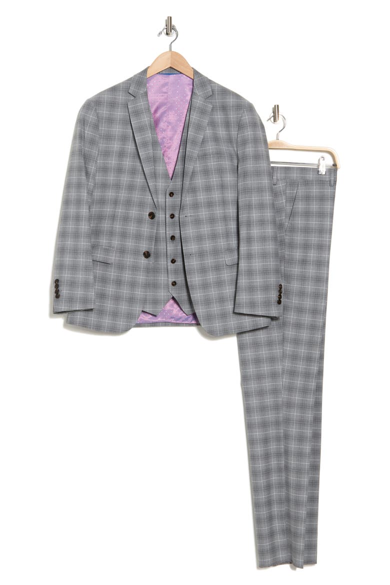 Slim Fit Stretch Windowpane Three-Piece Suit, Alternate, color, GREY
