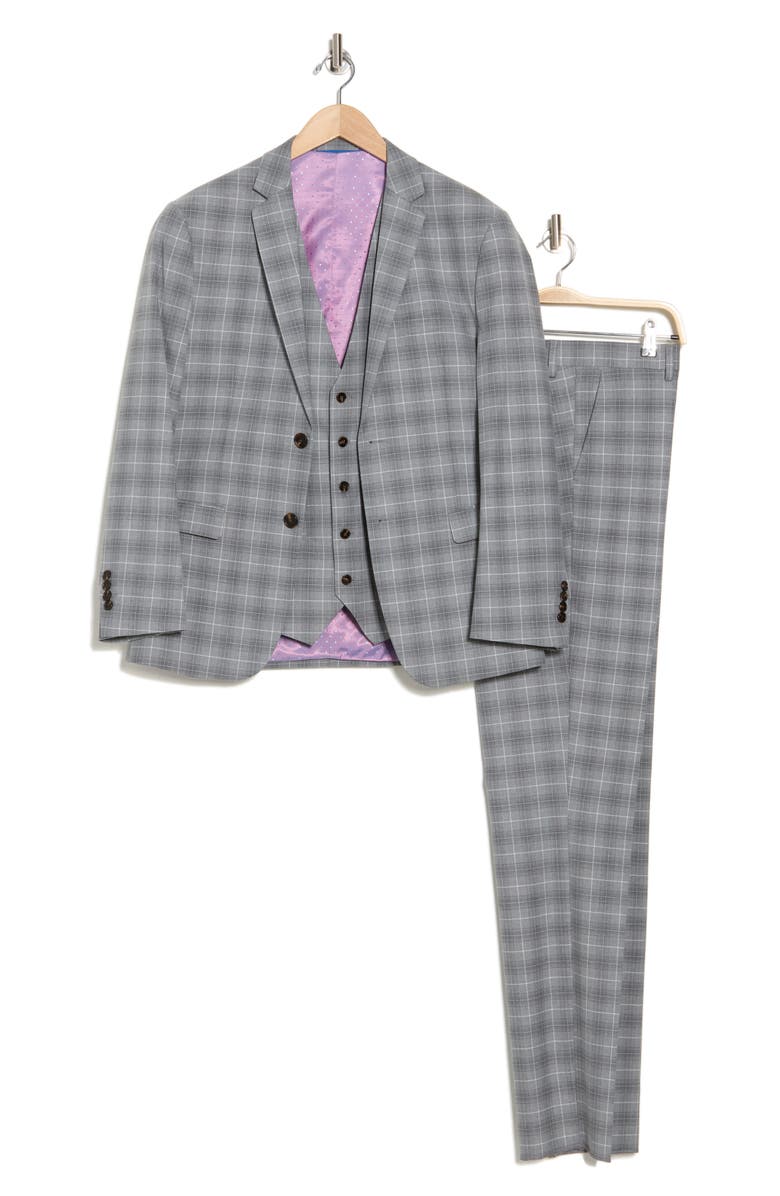 Gino Vitale Slim Fit Stretch Windowpane Three-Piece Suit, Alternate, color, Grey