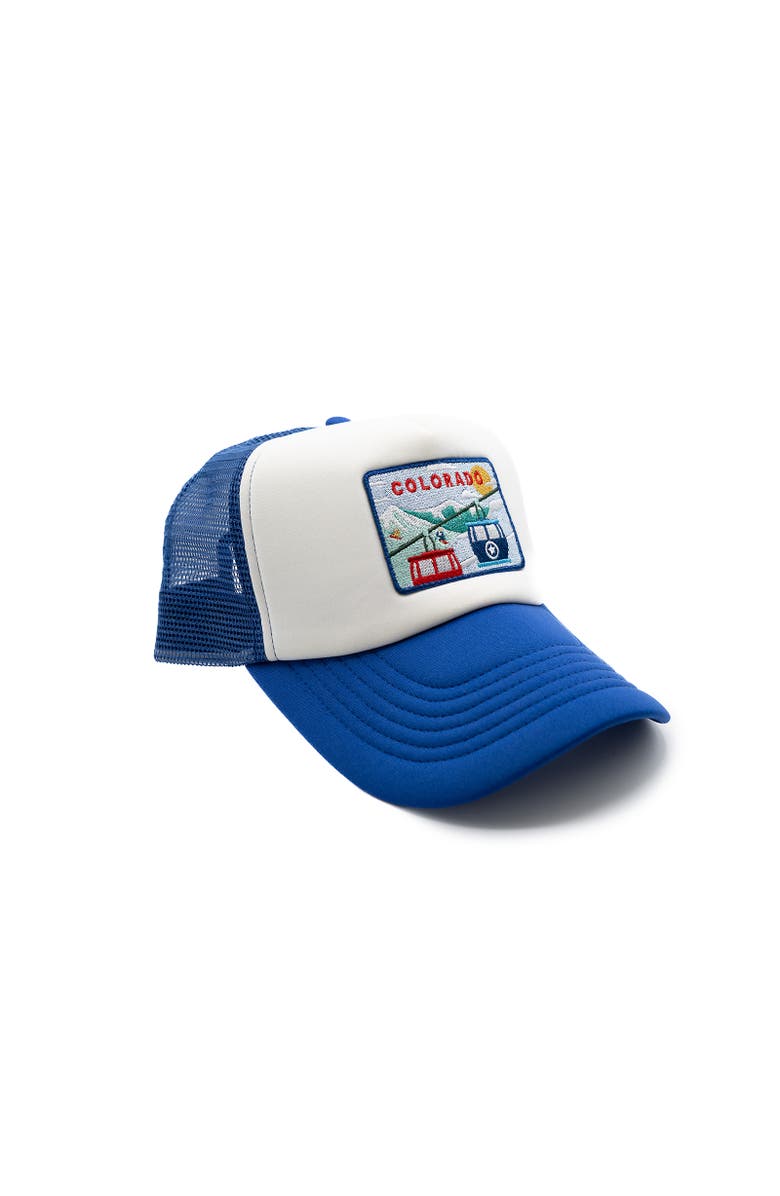 Rey To Z Colorado Postcard Trucker Hat, Alternate, color, Royal Blue & White