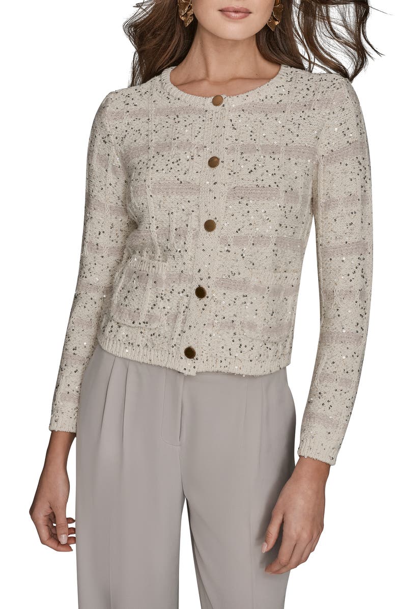 Donna Karan New York Sequin Crop Cotton & Wool Blend Cardigan, Main, color, Cream