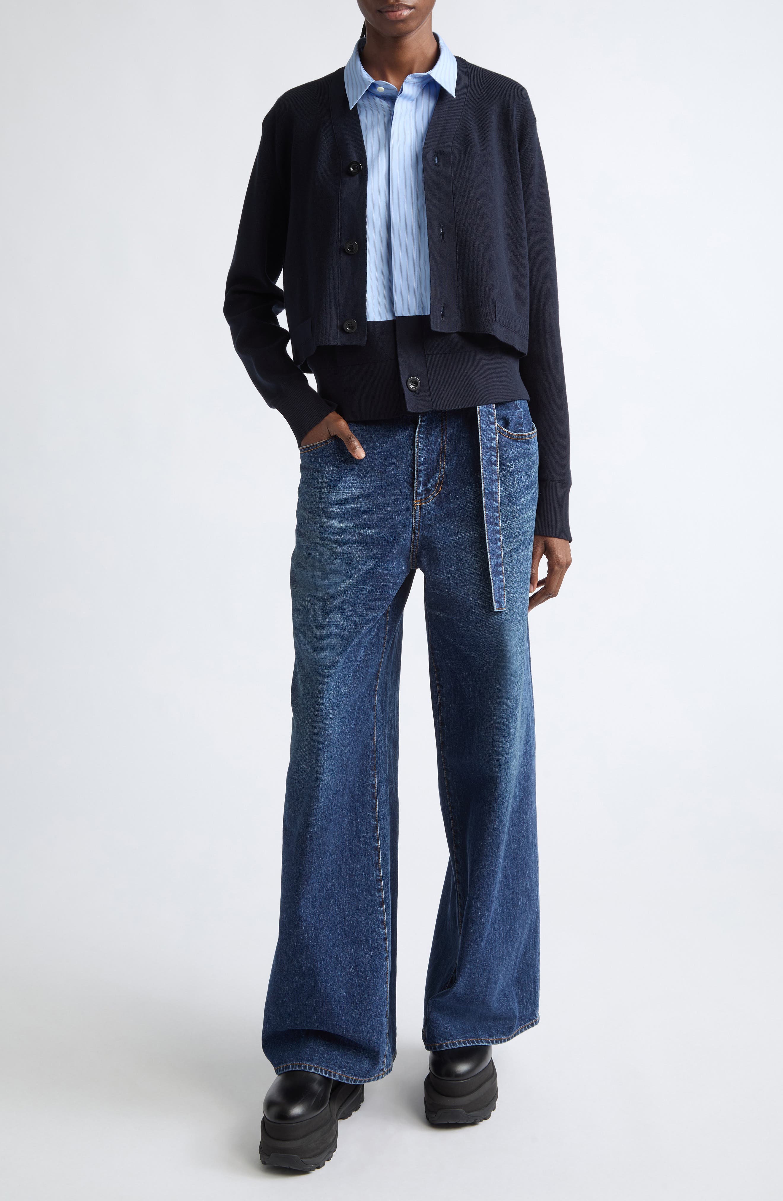 Sacai Layered Poplin & Knit Cardigan (Women) | Nordstrom