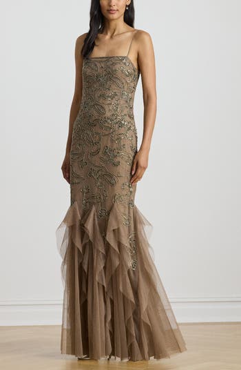 Ruffle Paisley Beaded Gown