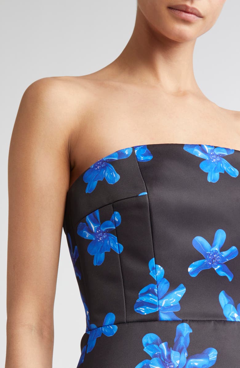 Emilia Wickstead Regan Floral Strapless Genzianella Peplum Top, Alternate, color, Electric Blue Floral On Black