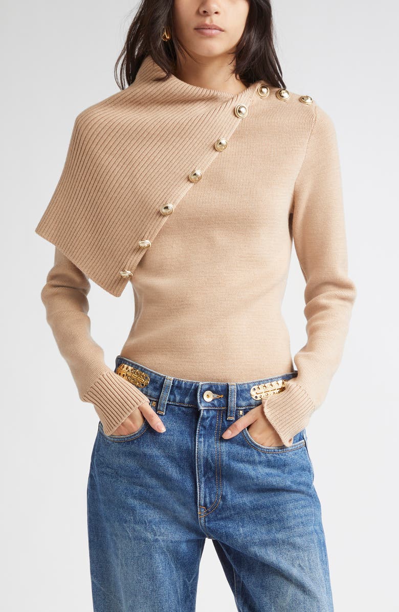 Rabanne Drape Shoulder Merino Wool Sweater, Main, color, Beige