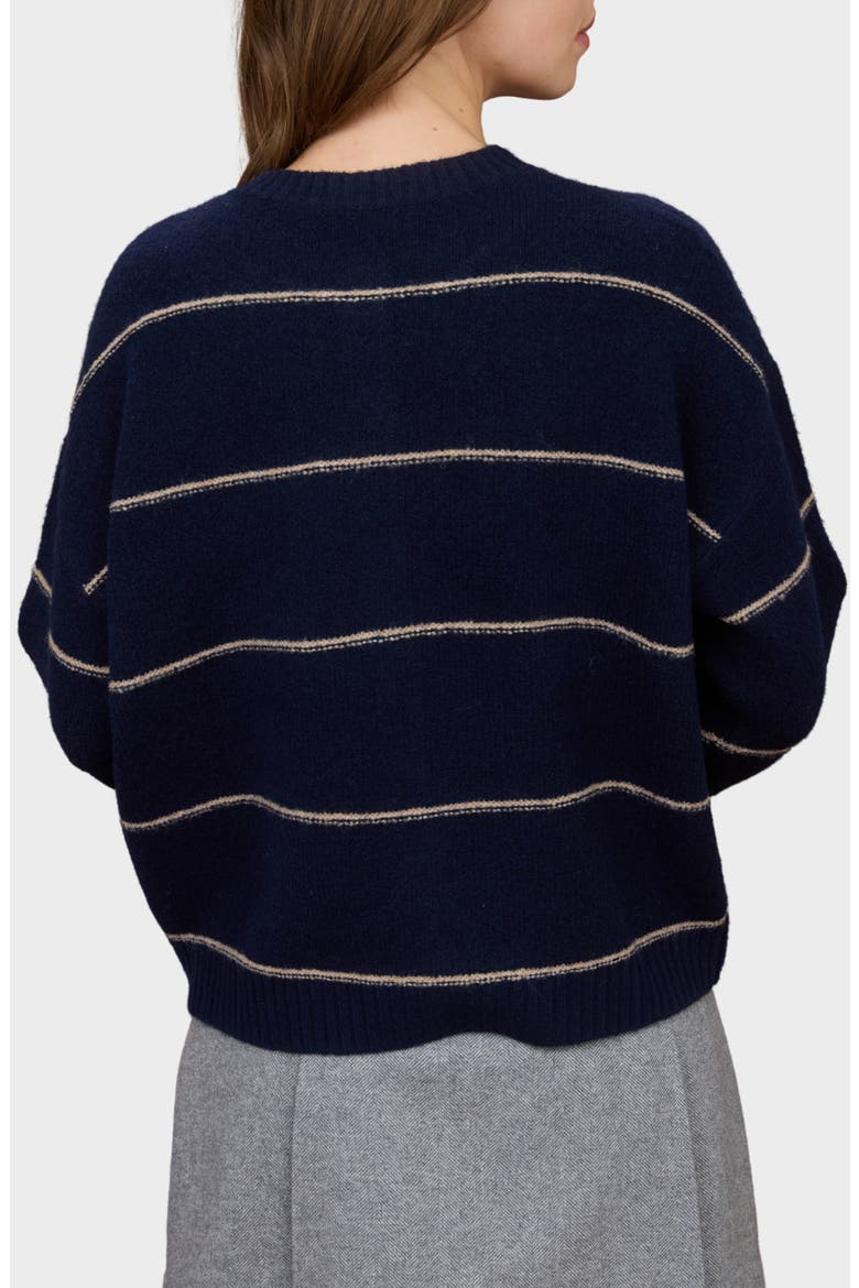 Stripe Crewneck Cardigan, Alternate, color, NAVY