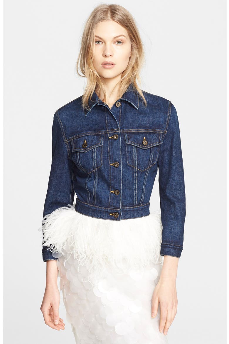 Ostrich Feather Hem Jean Jacket, Alternate, color, INDIGO