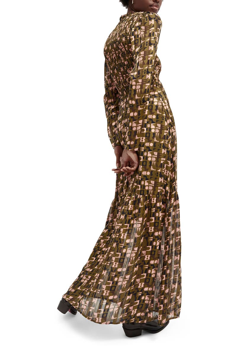 Abstract Print Long Sleeve Smocked Maxi Dress, Alternate, color, COMBO GREEN
