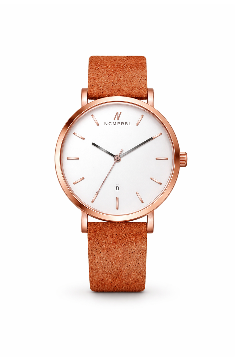 NCMPRBL Lucky Me Genuine Suede Leather Strap Watch, 40MM, Main, color, Tan/Eggshell White/Rose Gold