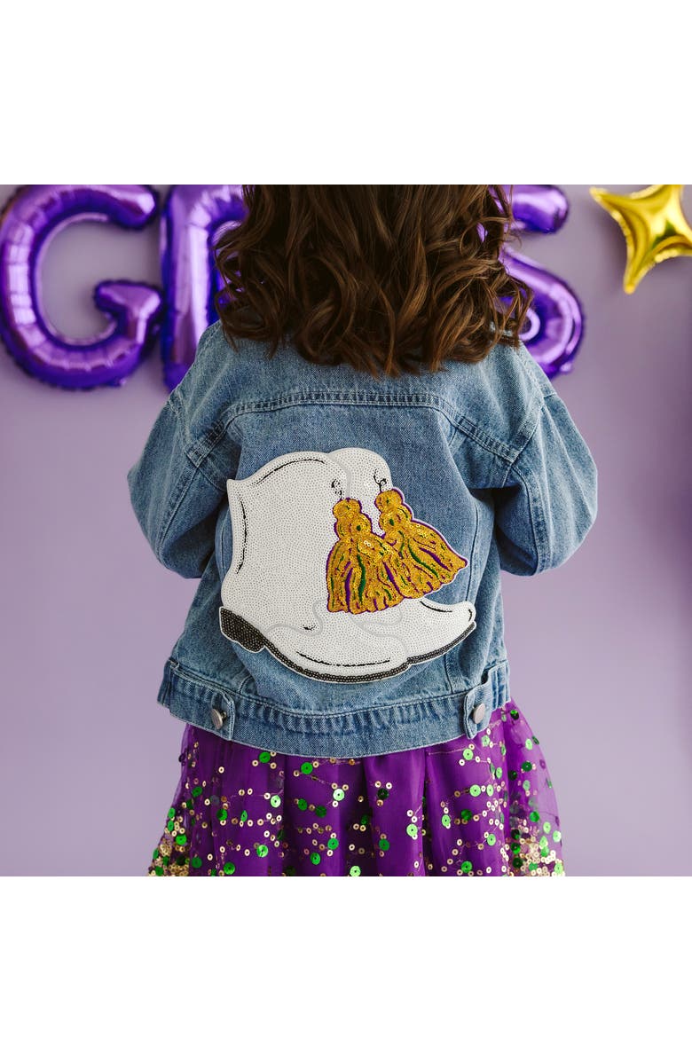 Sweet Wink Mardi Boots Sequin Patch Denim Jacket, Alternate, color, Denim