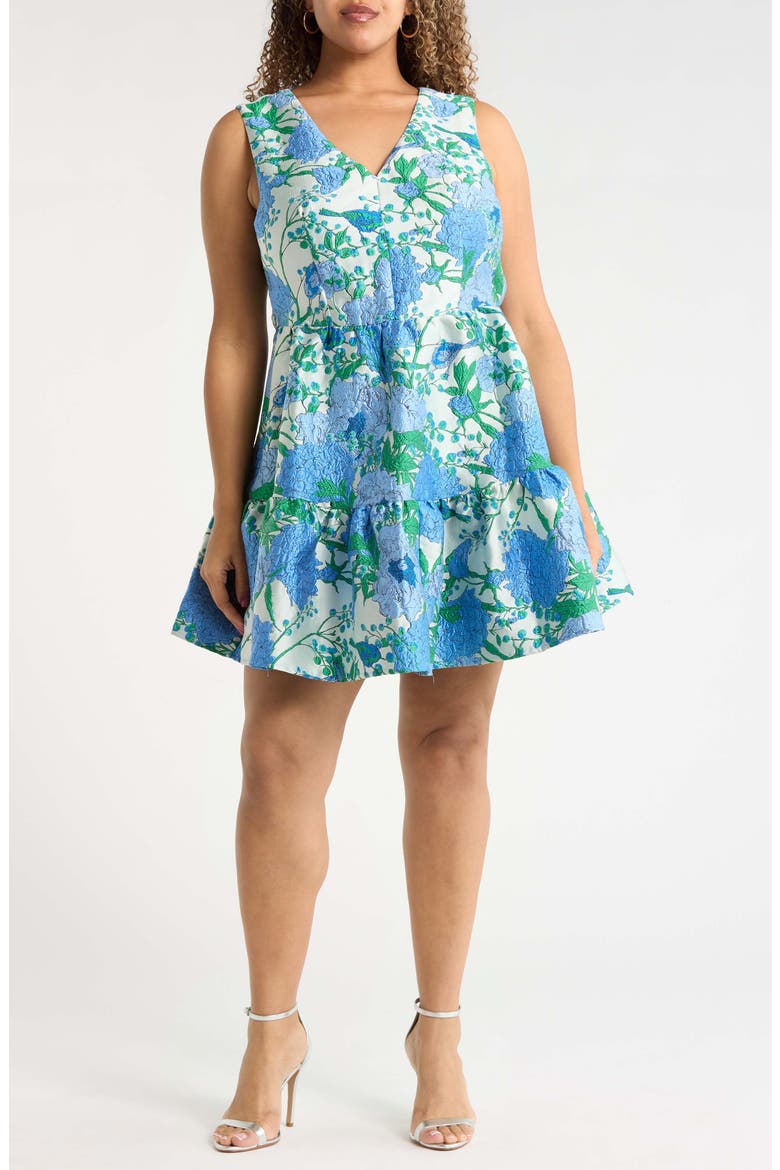 Willa Floral May Jacquard Tiered Mini Dress, Main, color, BLUE-WHTE