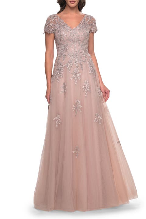 A-Line Tulle Gown with Lace Applique and Short Sleeves