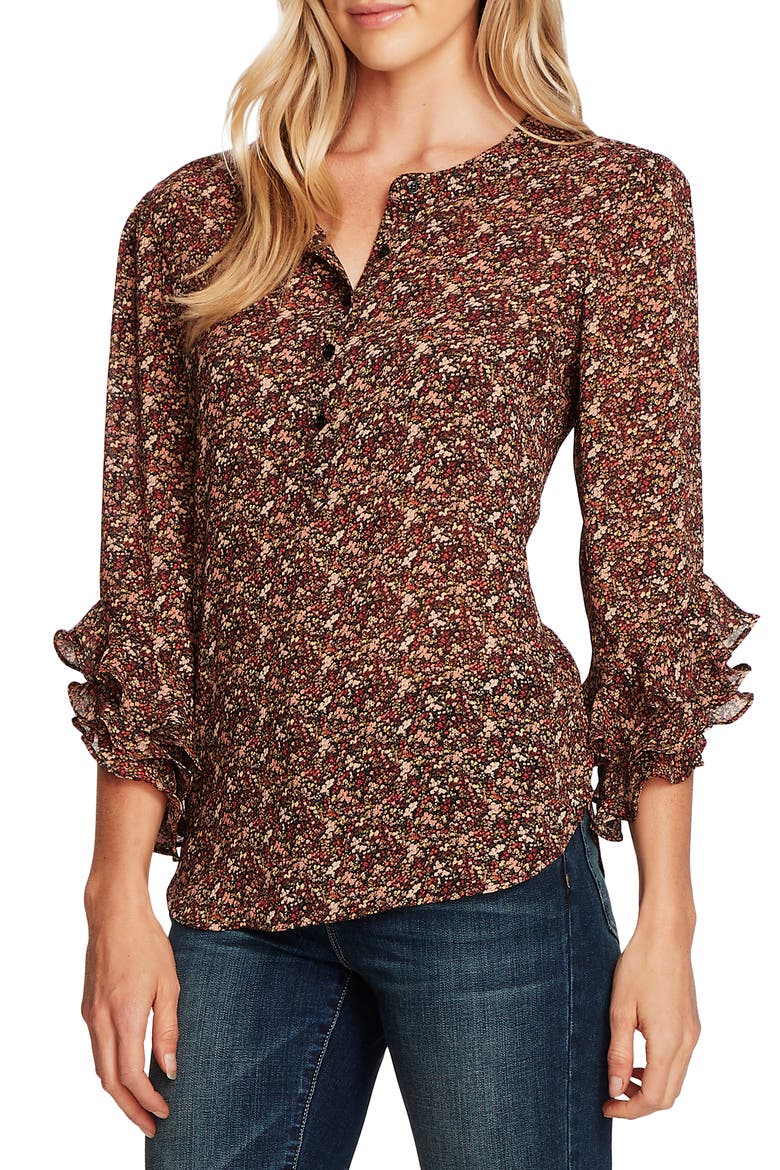 Ditsy Fields Long Sleeve Blouse, Main, color, RICH BLACK