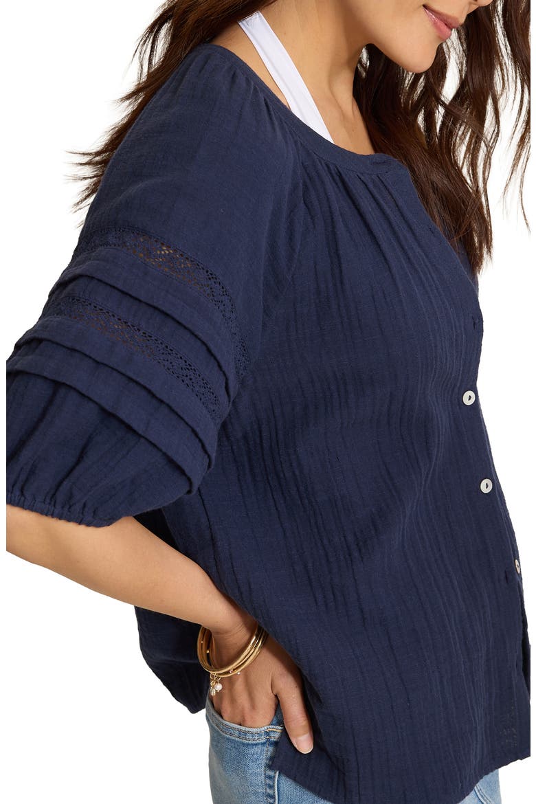 Lace Inset Cotton Gauze Button-Up Shirt, Alternate, color, COASTLINE
