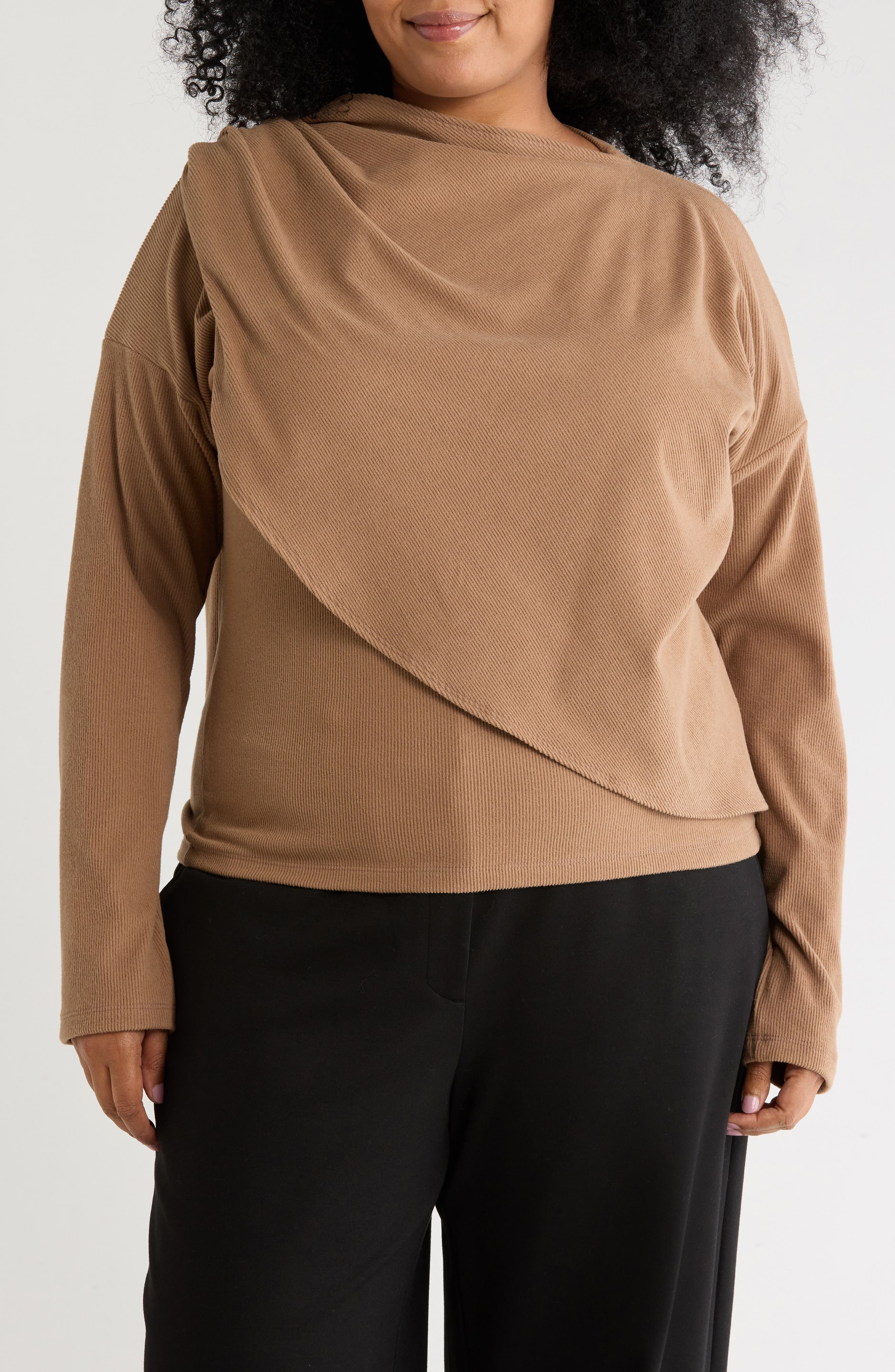 Draped Shawl Long Sleeve Ribbed Top