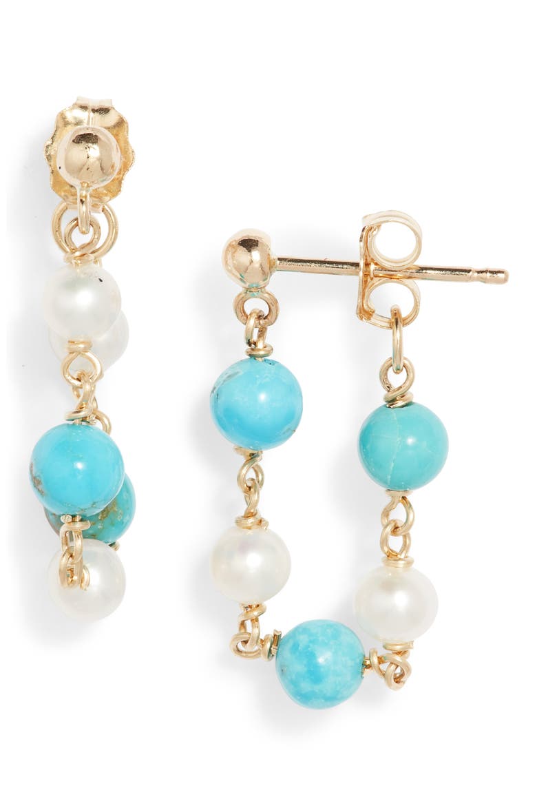 Turquoise & Pearl Wraparound Hoop Earrings, Main, color, 14KYG