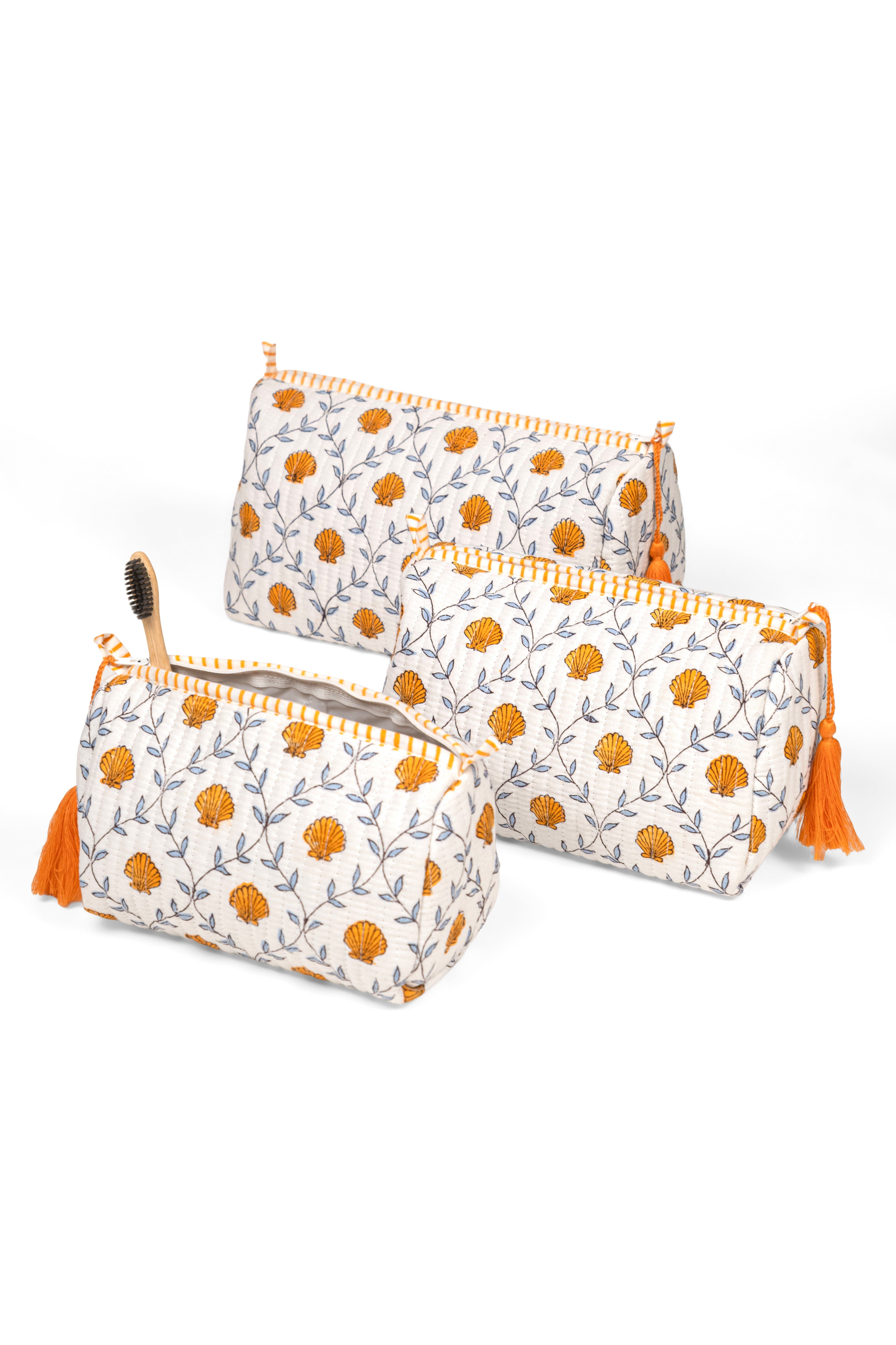 Seashell Blockprint Makeup Bag - Set of 3, Alternate, color, Seashell Orange