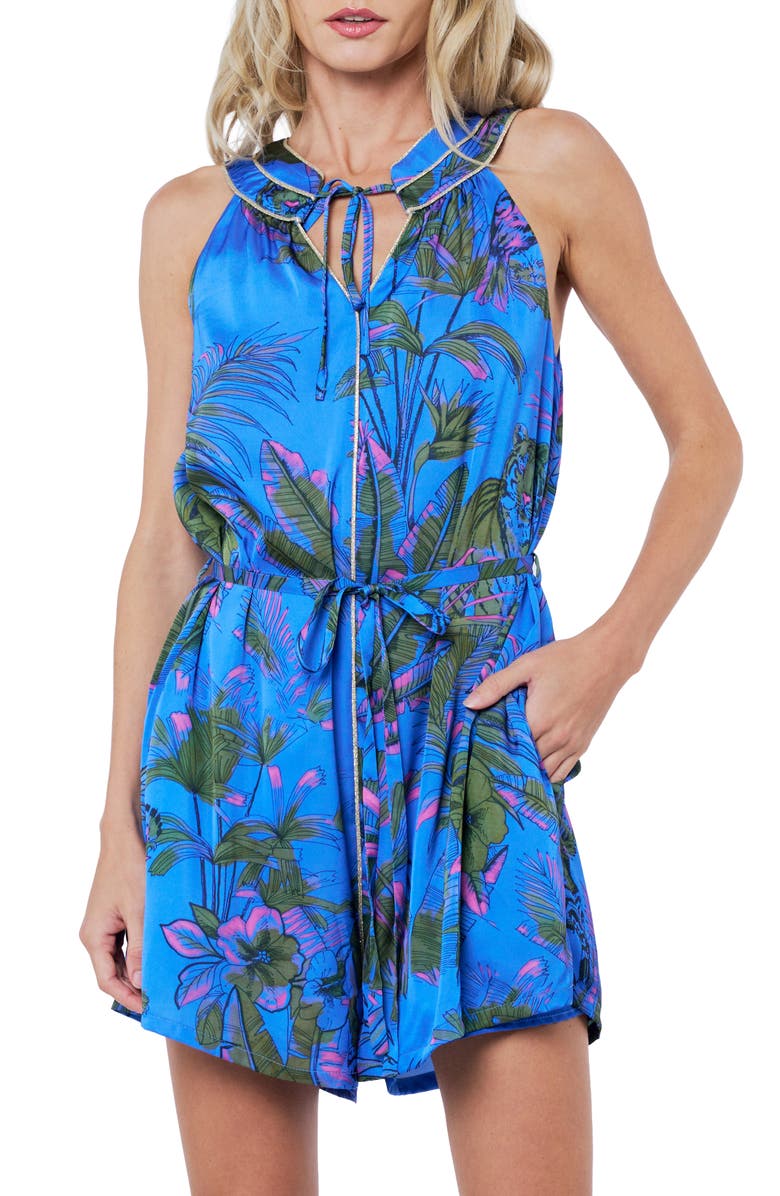 CIEBON Stace Tropical Floral Print Romper, Alternate, color, Blue Multi