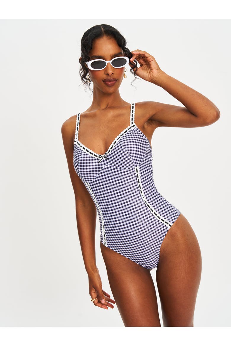 Gigi Gingham Lace Strap Backless Swimsuit, Alternate, color, Black