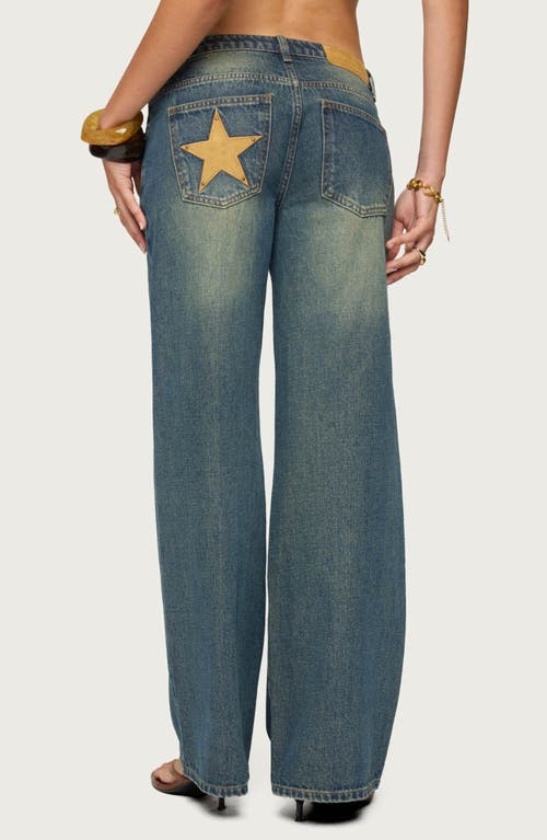 Edikted Faux Suede Star Low Rise Blue Wash Jeans In Blue