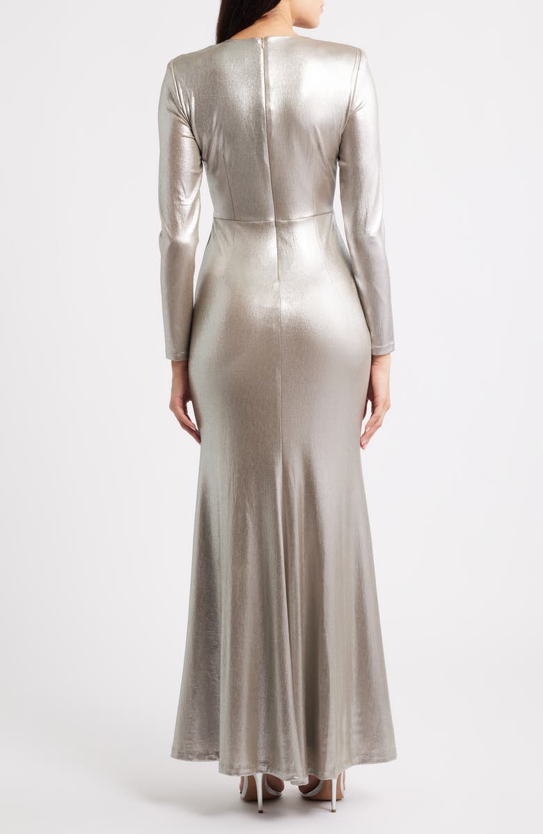 Eliza J Metallic Twist Waist Long Sleeve Gown, Alternate, color, Metallic Taupe