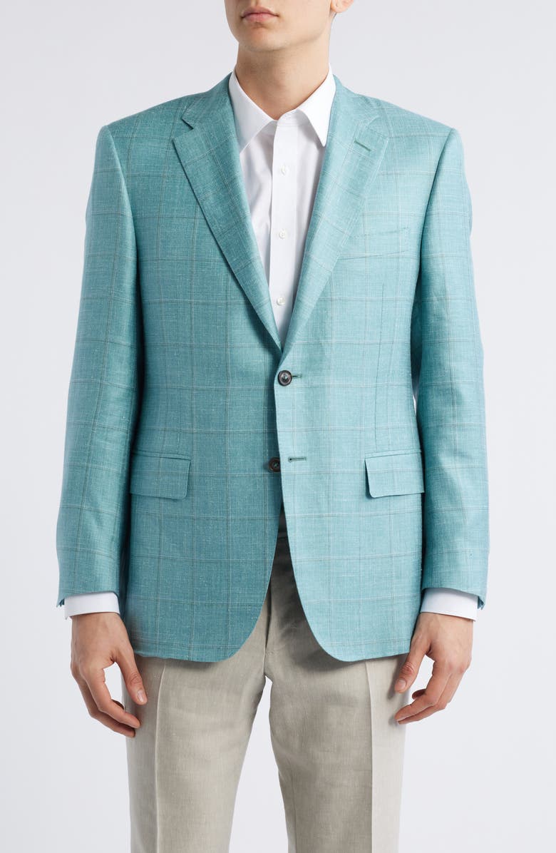 Canali Siena Regular Fit Green Windowpane Check Cashmere & Linen Blend Sport Coat, Main, color, Bright Green