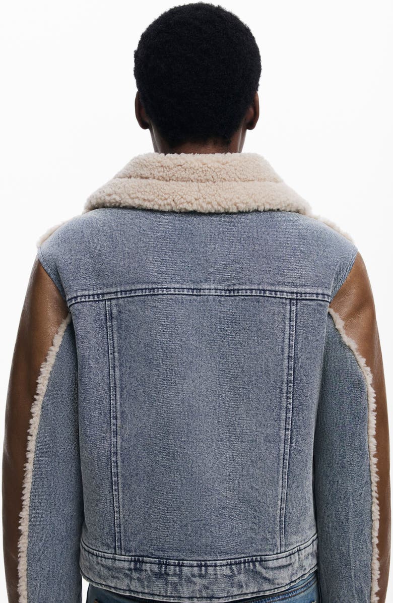 Desigual Mixed Media Faux Leather Jacket with Faux Shearling Trim, Alternate, color, Brown