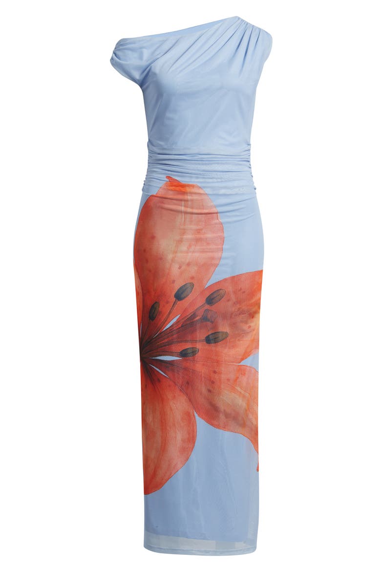 Avah Placed Floral One-Shoulder Mesh Maxi Dress, Alternate, color, BLUE/ ORANGE