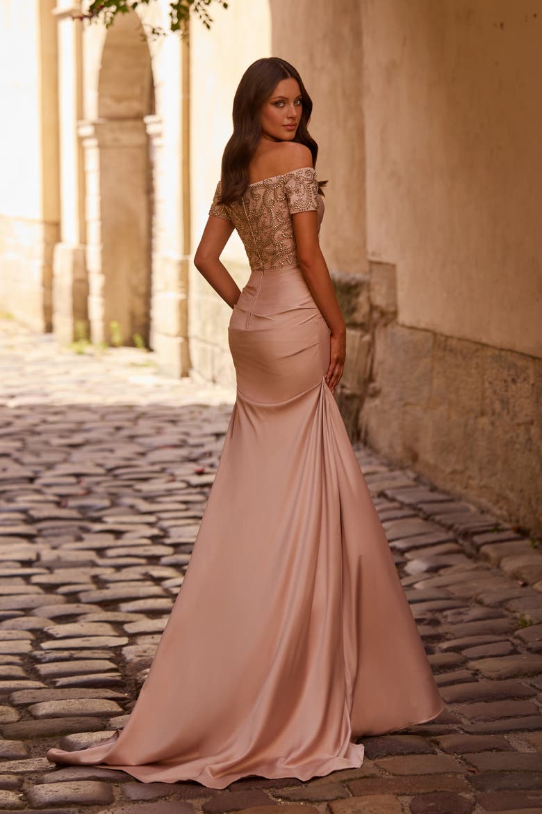 Satin Off the Shoulder Dress with Beaded Sleeves, Alternate, color, Champagne