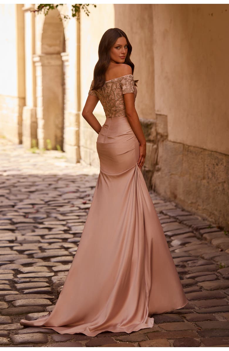 La Femme Satin Off the Shoulder Dress with Beaded Sleeves, Alternate, color, Champagne