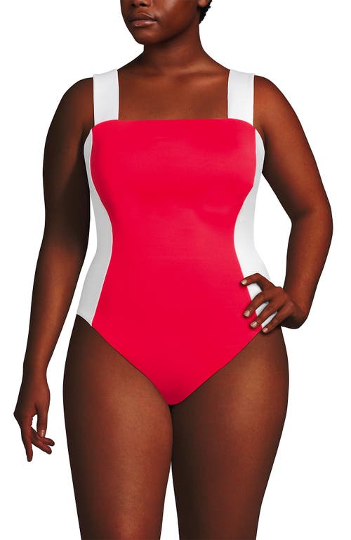 Lands' End Plus Size Square Neck High Leg One Piece Swimsuit In Coral Rose/white