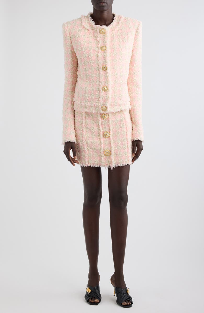 Balmain Five-Button Collarless Tweed Jacket, Alternate, color, 