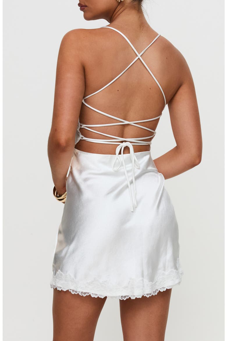 Anysa Lace Trim Satin Minidress, Alternate, color, WHITE