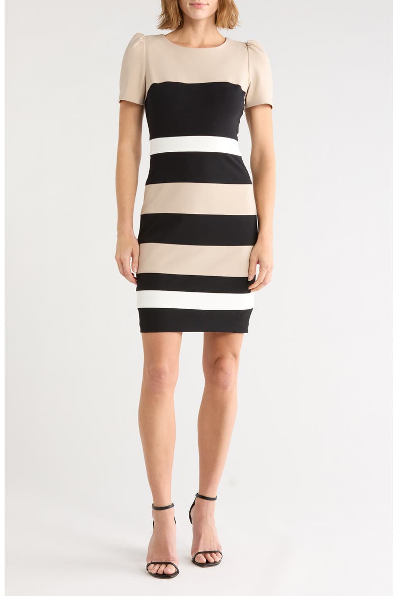 Short Sleeve Colorblock Sheath Dress, Main, color, KHAKI/ BLACK/ IVORY