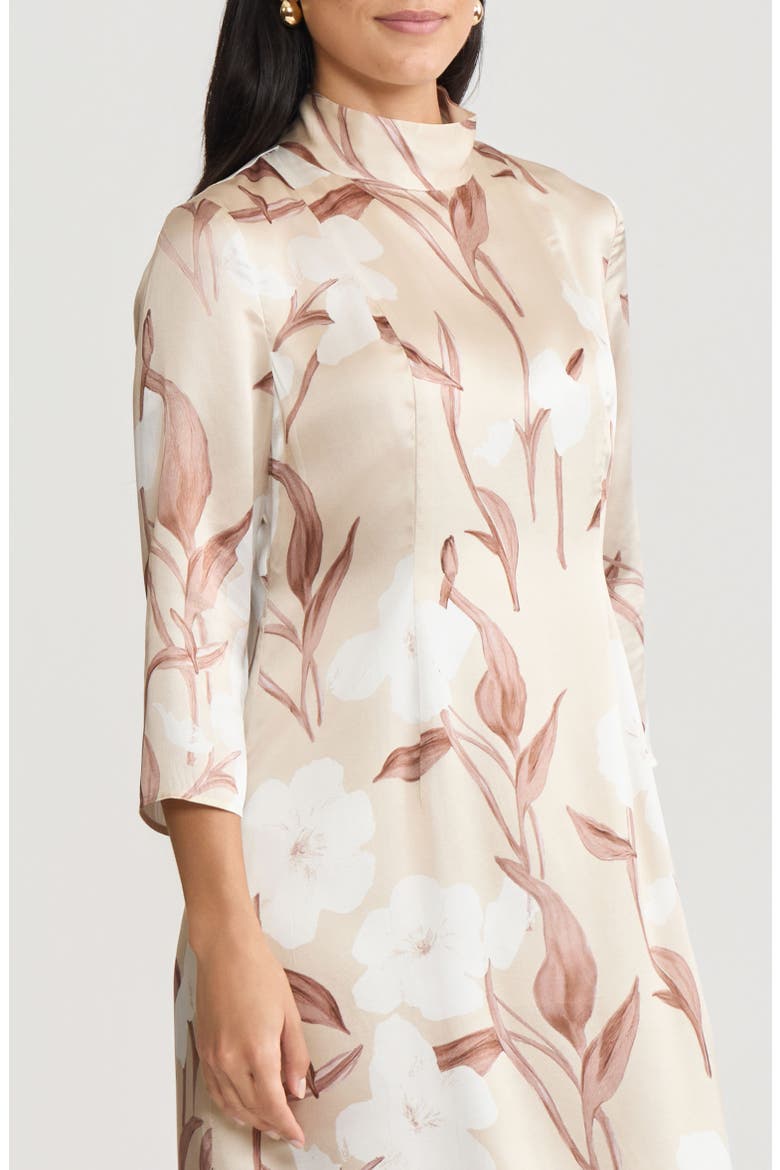 A-Line Floral Print Silk Midi Dress, Alternate, color, Biscotti/Charmeuse
